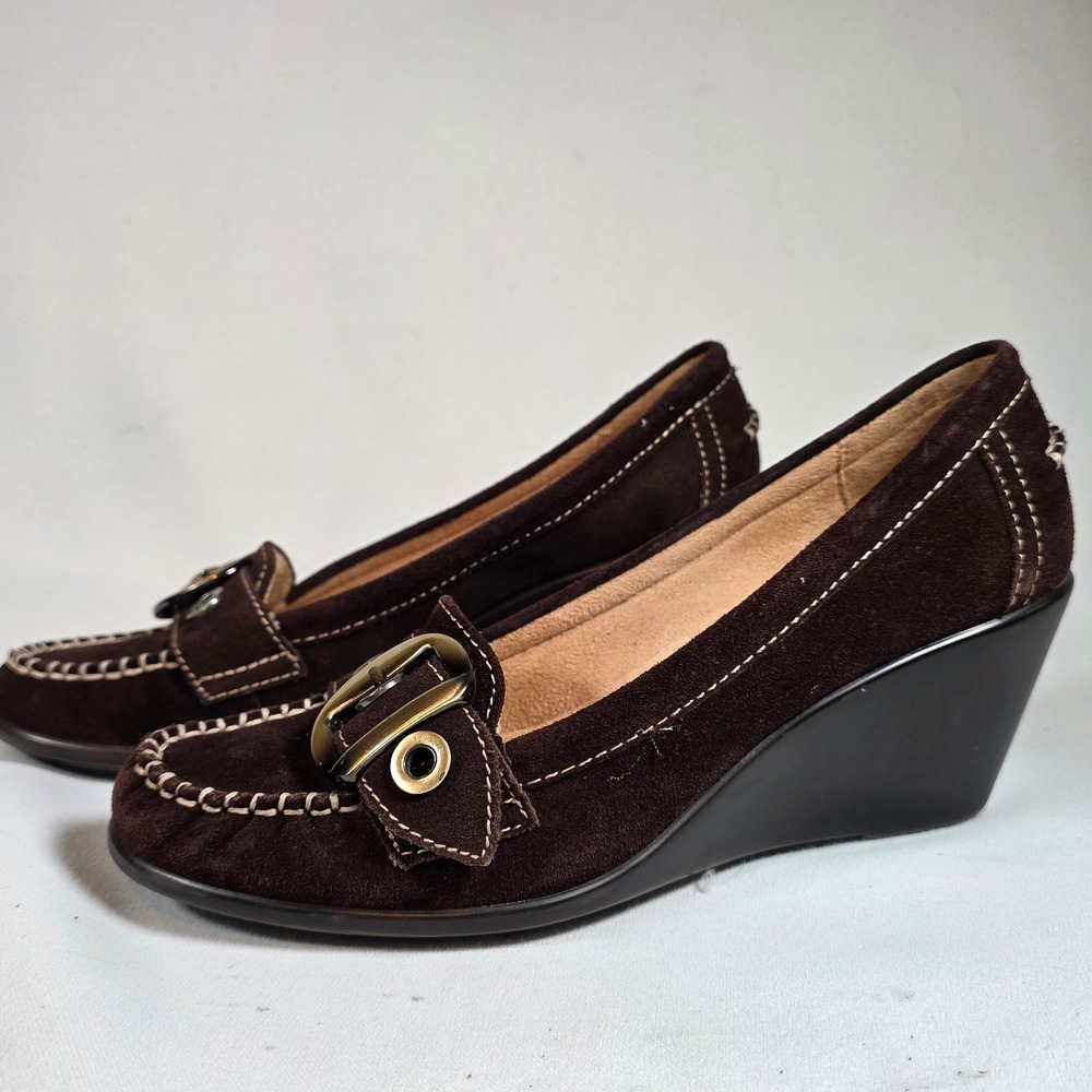NATURALIZER Tempero-1 Brown Suede 8M Wedge Loafers Buckle Y2K Preppy TweePreppy